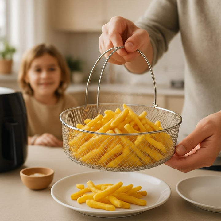 Lifestyle image: A modern kitchen bathed in soft morning light, a young parent lifts the stainless steel airfryer bas...