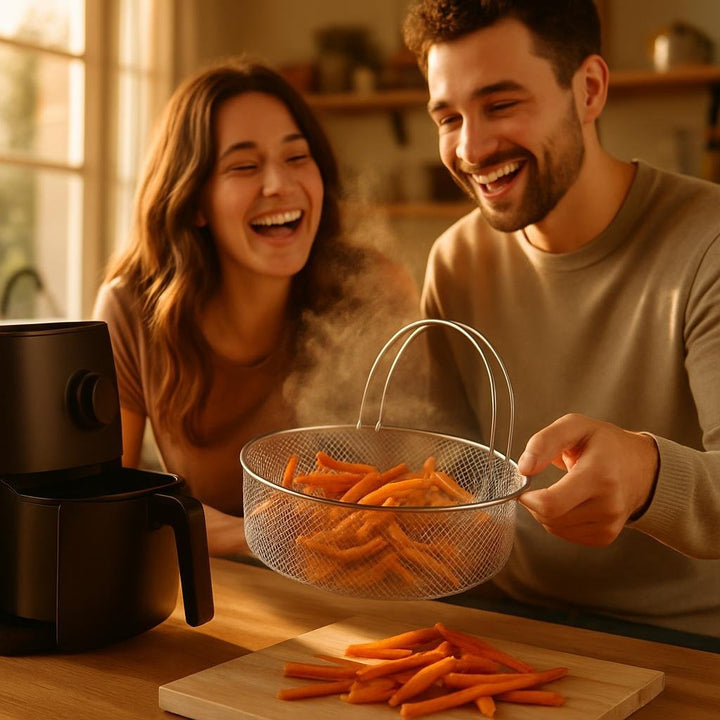 Lifestyle image: A modern kitchen bathed in late afternoon golden hour light, a young couple laughing as they use the...