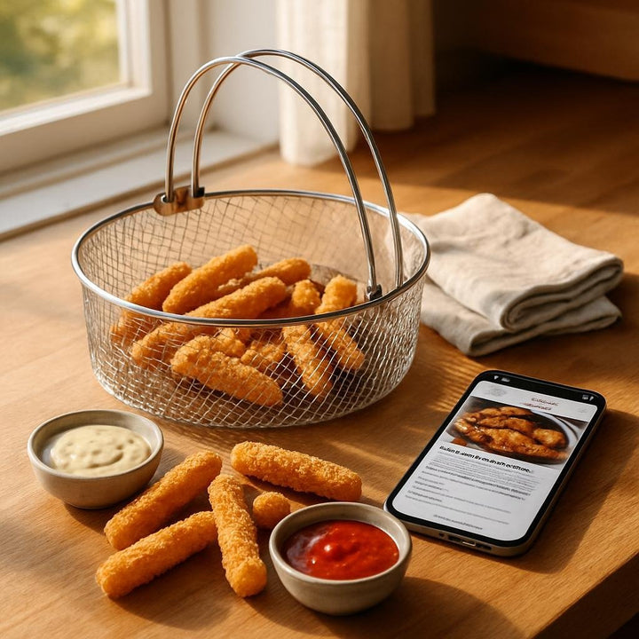 Lifestyle image: A stylish flat lay on a wooden countertop near a sunlit window: the airfryer netkurv resting beside ...