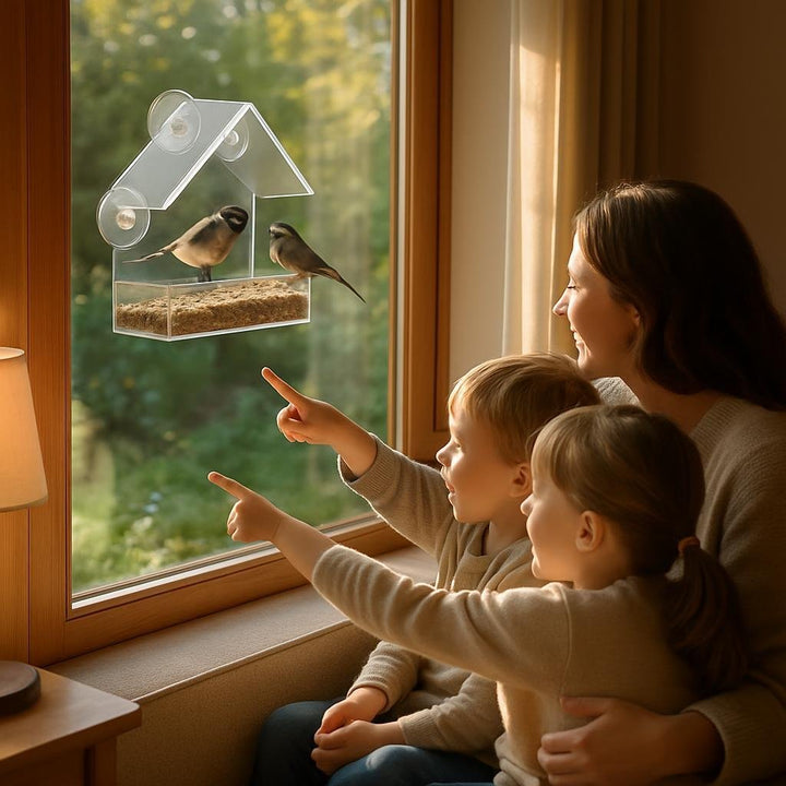 Lifestyle image: A cozy living room with large windows overlooking a lush garden. The transparent bird feeder is secu...