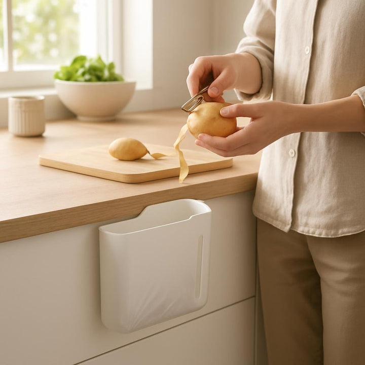 Lifestyle image: Affaldsposeholder monteret på væggen i et lyst, moderne køkken, tæt på køkkenbordet, person skræller...