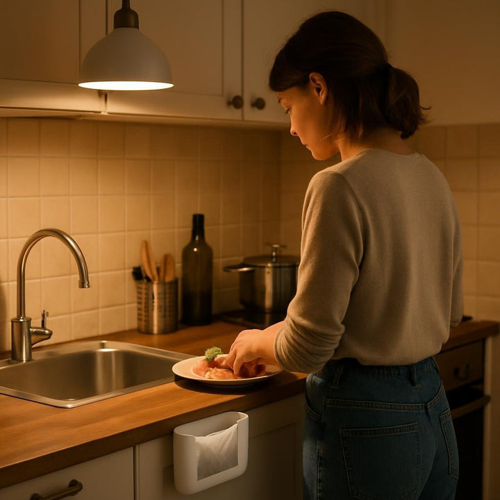 Lifestyle image: Små køkken omgivelser i lejlighed, affaldsposeholder diskret placeret ved siden af vasken, ung vokse...