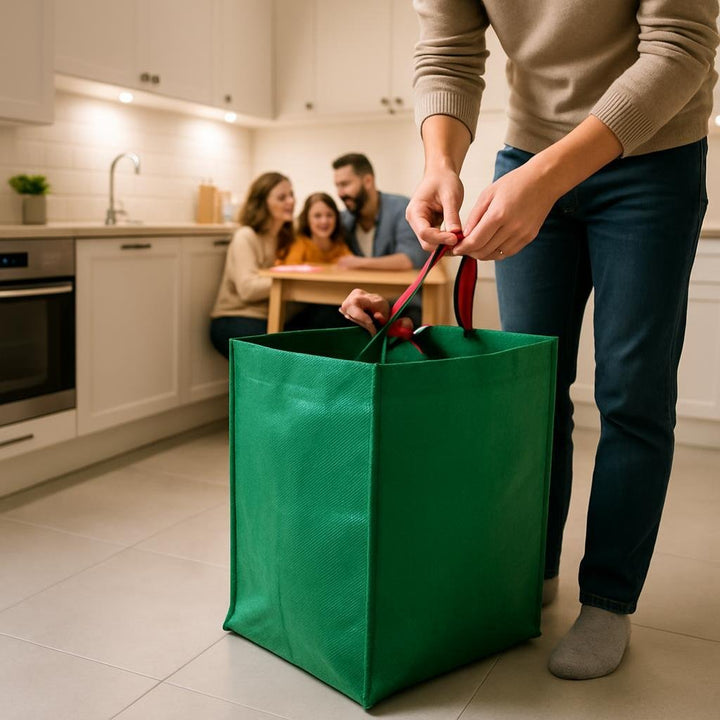 Lifestyle image: Affaldssæk in a modern kitchen, a parent tying the red handles after cleaning up post-dinner, soft o...
