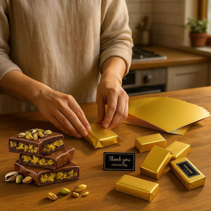 205pcs/set--Dubai Chocolate Bar Pistachio Wrappers - 100pcs, 20.07 cm golden Aluminum Foil Wrapper Chocolate Bar Wrappers Thickened Chocolate Wrapping Paper, with 105pcs Stickers: A realistic home kitchen setting where the golden aluminum foil wrappers are properly grounded on a wooden countertop, being actively used by a person with visible hands wrapping chocolate bars filled with pistachio filling.
