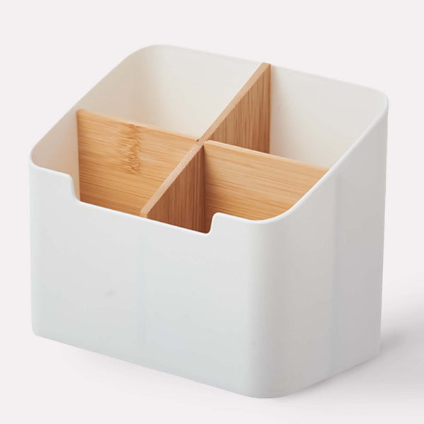 Tandbørsteholder med Låg og Bambus Skillevægge - Hvid Plastik, Naturtræ