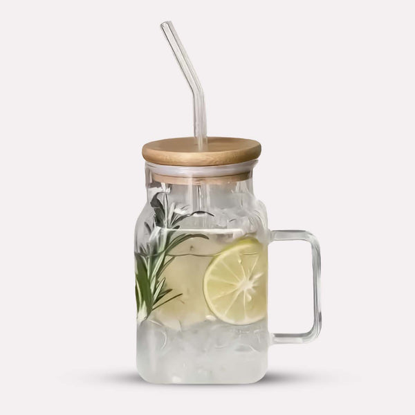 Bambus glaskop med sugerør - Elegant drikkekrus i klart glas med bambuslåg