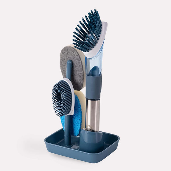 Opvaskebørste med Sæbedispenser - Blå, Silikone, Ergonomisk Design