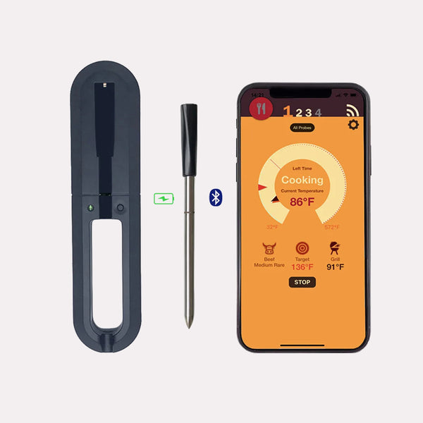 Stegetermometer med Bluetooth - Sølv & Sort, Trådløs Kontrol, 650 DKK, Metal & Plastik