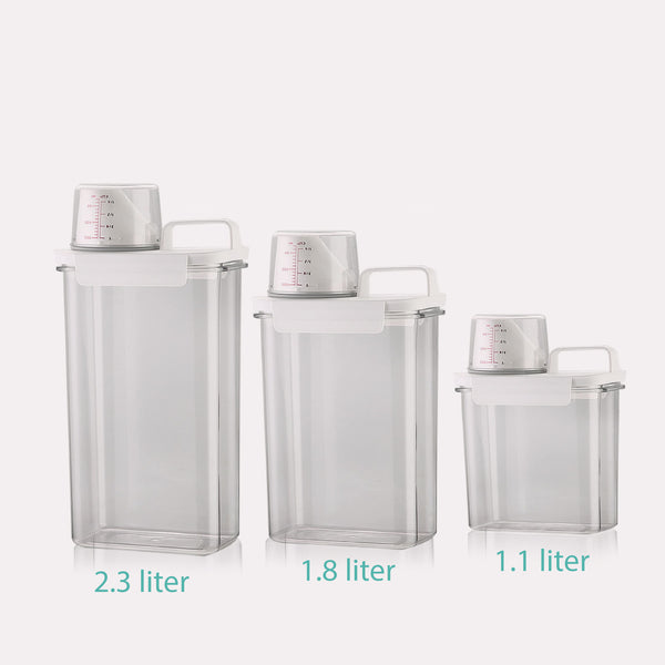 Vaskepulver Opbevaring – Klar, Hvide Låg, 1100 ML, 1800 ML, 2300 ML, Plastik