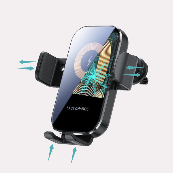 Mobilholder med trådløs opladning - Sort Finish, Justerbare Arme, Bil & Cykel Kompatibel