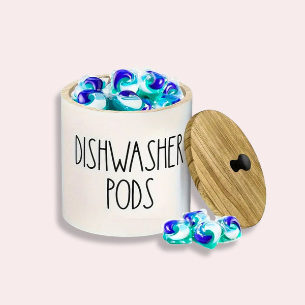 Krukke til Opvasketabs i Hvid Keramik og Træ - Modern Elegance i Dit Køkken