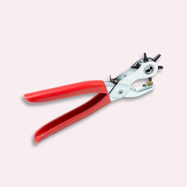 Hullemaskine til læder og bælter - Ergonomisk med drejehoved, Rød & Sølv