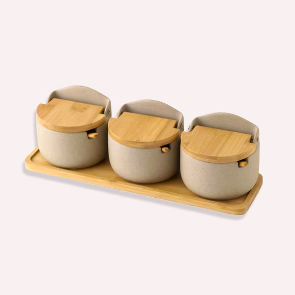 Lys Opbevaring til Krydderier - Beige og Lys Brun - Keramik og Bambus Design
