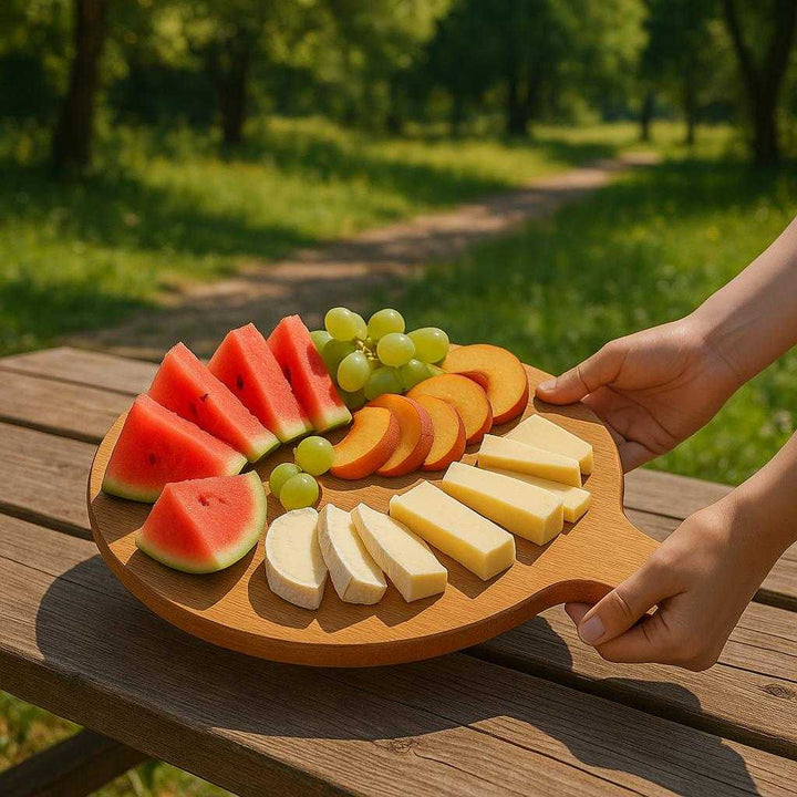 Acacia Pizzabakke - Træ, Massivt Træ, Glat Overflade, 1 stk, Holdbar og Let at Rengøre: A different realistic outdoor picnic setting where the product is securely positioned on a picnic table, being used as a serving tray for freshly sliced fruits and cheeses, with proper physics, shadows, and realistic integration into the sunny, nature-filled environment.