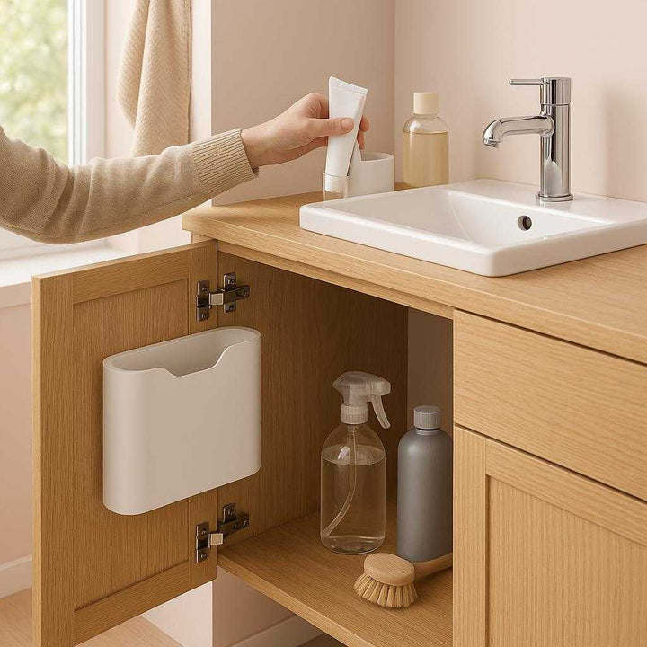 Affaldsposeholder til vægmontering - Moderne og pladsbesparende løsning til køkkenet. A minimalist Scandinavian-style bathroom with pastel walls and natural wooden elements. The affaldsposeholder is mounted on the inside of a bathroom vanity, next to neatly arranged cleaning supplies. Soft, natural light streams through a nearby window, highlighting the holder's contemporary design. A person is seen organizing toiletries, emphasizing the product's versatility and space-saving functionality.