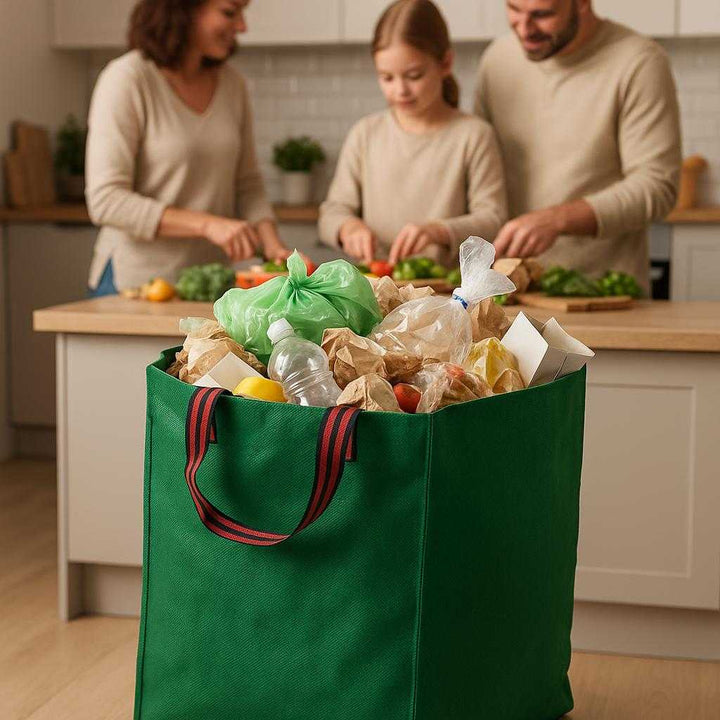 Affaldssække – Holdbare, Høj Kvalitet, Grøn Farve, Polypropylen Materiale, Praktiske til Husholdningsaffald. The green polypropylene waste bag, filled with household garbage, stands by a kitchen counter with a family preparing dinner in the background.