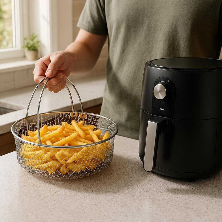 Airfryer Indsats med Hank - Rustfri Netkurv til Sprød Tilberedning og Høj Kvalitet: A realistic modern kitchen setting where the product is properly grounded on a countertop, being actively used by a person to prepare crispy fries, with an air fryer next to it.