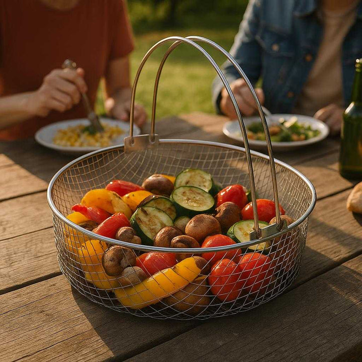 Airfryer Indsats med Hank - Rustfri Netkurv til Sprød Tilberedning og Høj Kvalitet: A different realistic outdoor barbecue setting where the product is securely positioned on a picnic table, being used to serve grilled vegetables.