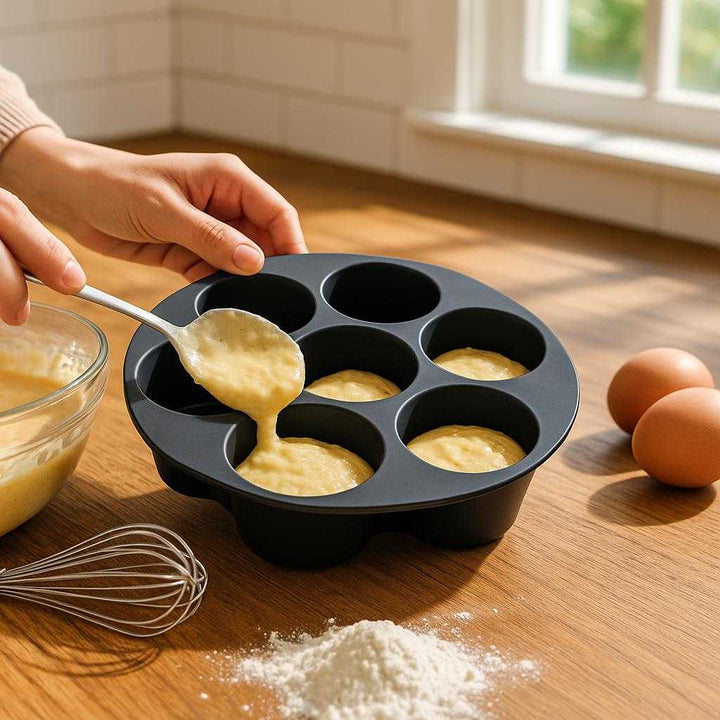Airfryer Silikone Muffinform til Perfekte Muffins i Høj Kvalitet - Fleksibelt Sort Design: A realistic kitchen setting where the airfryer silicone muffin form is properly grounded on a wooden countertop, being actively used by hands to fill the molds with batter.