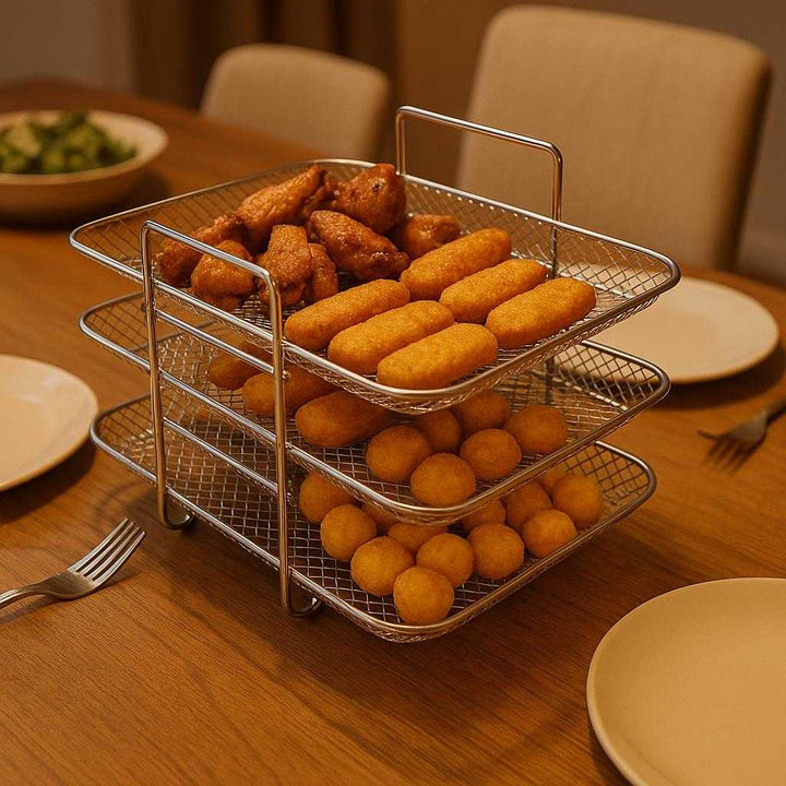 Airfryer Tilbehør i Rustfrit Stål - Avanceret Komfort og Effektivitet til Madlavning: A different realistic dining room setting where the airfryer accessory is securely positioned on a dining table, filled with freshly cooked snacks ready to serve, surrounded by plates and cutlery, with proper physics, shadows, and realistic integration into the environment, illuminated by warm overhead lighting.