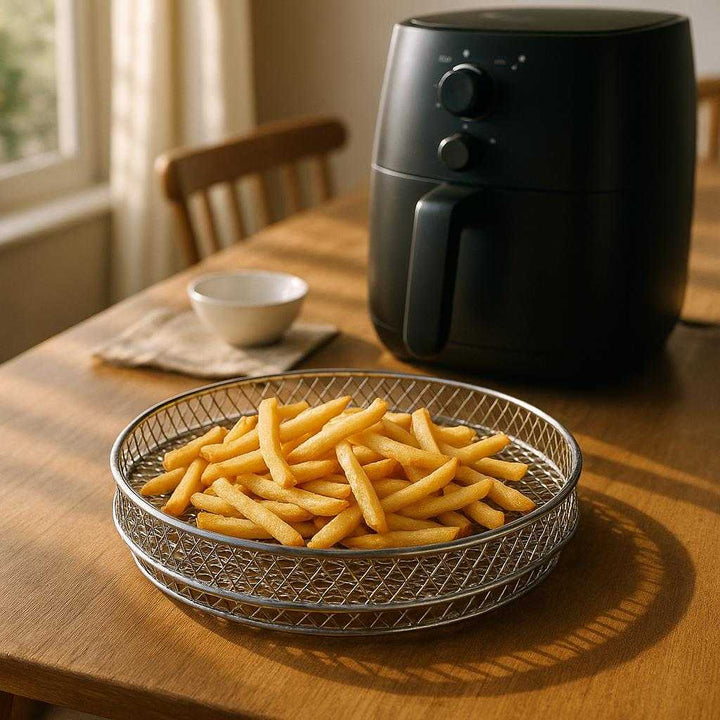 Airfryer Tilbehør Rist Tre - Høj Kvalitet til Sprød Madlavning og Optimal Luftcirkulation: A different realistic kitchen setting where the airfryer accessory rack is securely positioned on a dining table, naturally placed as part of an airfryer setup with freshly cooked fries arranged on it.