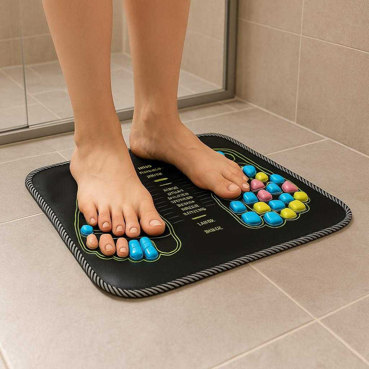 Akupressur fodmassage måtte i plastik, tekstil og gummi - 1 stk - God kvalitet: A different realistic bathroom setting where the acupressure foot massage mat is securely positioned on tiled flooring, being placed naturally in front of a shower area.