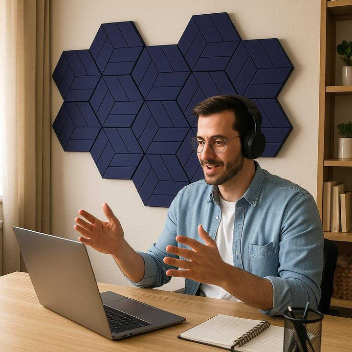 Akustikpaneler i Lysegrå, Mørke Blå, Hvid, Sort – Skum Materiale Moderne Design: A realistic home office setting where the acoustic panels are properly grounded on the wall behind a modern desk setup, being actively used to enhance sound quality during a video call.