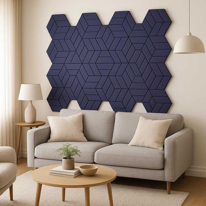 Akustikpaneler med 3D-effekt i Blå, Hvid, Sort og Lysegrå – Professionel Lydregulering og Design. A stylish living room featuring the 3D acoustic panels on a feature wall, enhancing the room's aesthetic while softening ambient noise, with comfortable seating and a minimalist decor.