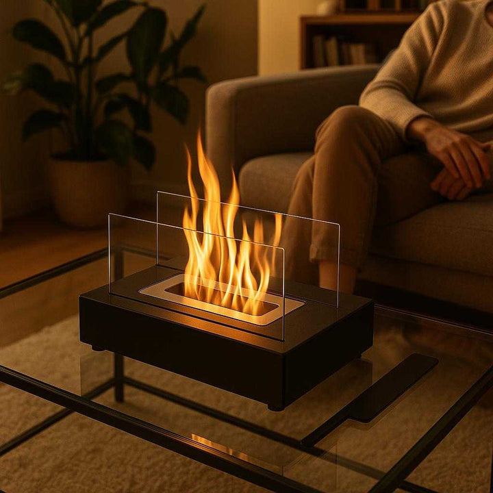 Alkohol Pejs i Sort metal, Glas og Rustfrit Stål - Ingen Røg, Let at Installere: A realistic living room setting where the Alkohol Pejs is properly grounded on a modern glass coffee table, being actively used to create a cozy atmosphere.