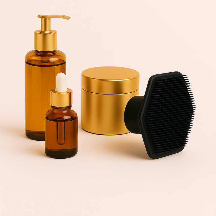 Enhanced Enhanced Ansigtsbørst i Sort Silikone – Professionel og Skånsom Rensning, Kompakt Design. A close-up of the black silicone face scrubber alongside a luxurious set of skincare bottles on a marble countertop, with a sprig of eucalyptus adding a fresh touch to the elegant setup.