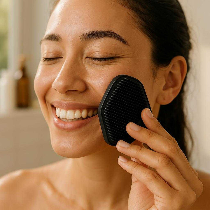 Ansigtsbørst i Sort Silikone – Professionel og Skånsom Rensning, Kompakt Design. The black silicone face scrubber is being gently used on a smiling person's cheek in a bathroom filled with natural sunlight, with a blurred background of neatly arranged skincare products on a shelf.