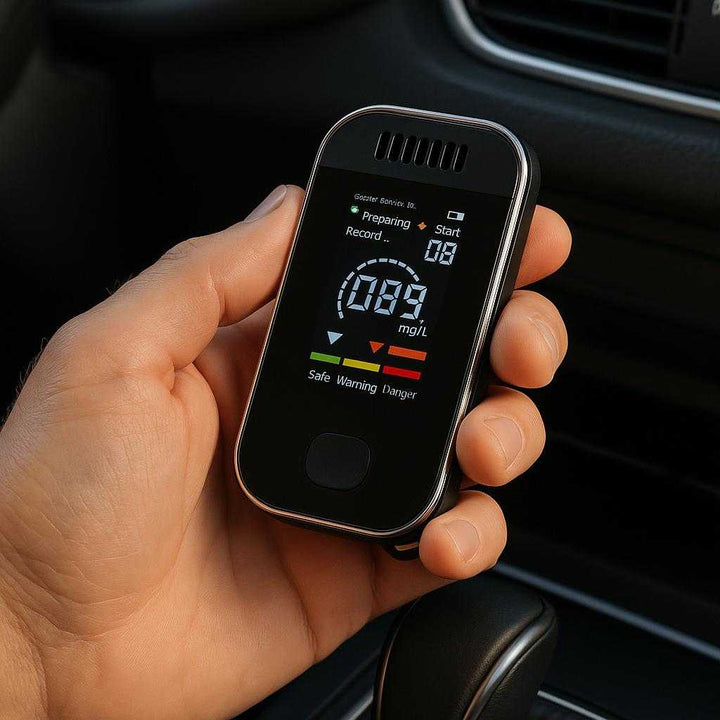 Avanceret Alkometer med Digital Skærm til Præcis og Nem Alkoholdetektion - Kompakt og Sikker til Bilbrug: A realistic car interior setting where the Avanceret Alkometer with Digital Display is properly grounded on the center console, being actively used by a driver's hand, with natural lighting casting realistic shadows and showing clear contact points where the alkometer touches the surface and the hand grips it.