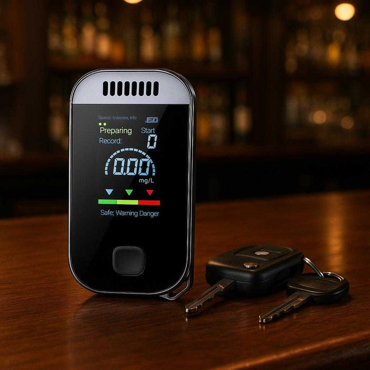 Avanceret Alkometer med Digital Skærm til Præcis og Nem Alkoholdetektion - Kompakt og Sikker til Bilbrug: A different realistic bar setting where the Avanceret Alkometer with Digital Display is securely positioned on a wooden bar counter, placed naturally next to a set of car keys to indicate responsible behavior, with proper physics, shadows, and realistic integration into the ambient bar environment.