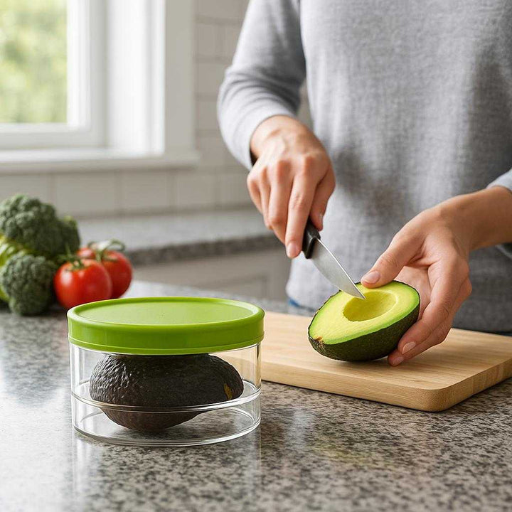 Avocadobeholder i moderne design - Bevar friskheden af dine halve avocadoer: A realistic modern kitchen setting where the product is properly grounded on a sleek granite countertop, being actively used by a person slicing an avocado in preparation for storage.
