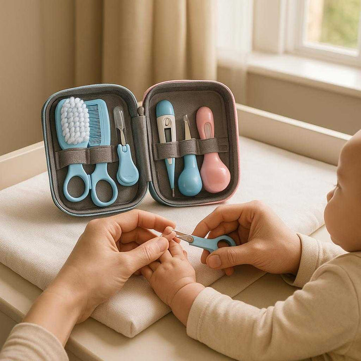 Babyplejesæt – Høj Kvalitet Professionelt 10-delt Plejesæt i Blå og Pink med Neglesaks og Børste: A realistic nursery setting where the baby care kit is properly grounded on a changing table, with the blue set being actively used by a parent's hands to trim a baby's nails.
