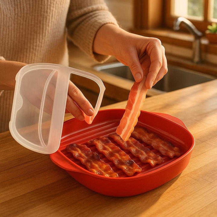 bacon madlavnings bakke i rød plastik og 'polypropylen' med ribbet konstruktion for hurtig tilberedning og let rengøring: A realistic kitchen setting where the bacon cooking tray is properly grounded on a wooden countertop.