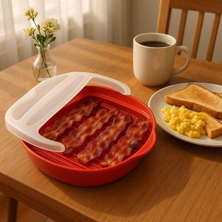 bacon madlavnings bakke i rød plastik og 'polypropylen' med ribbet konstruktion for hurtig tilberedning og let rengøring: A different realistic dining room setting where the bacon cooking tray is securely positioned on a breakfast table.