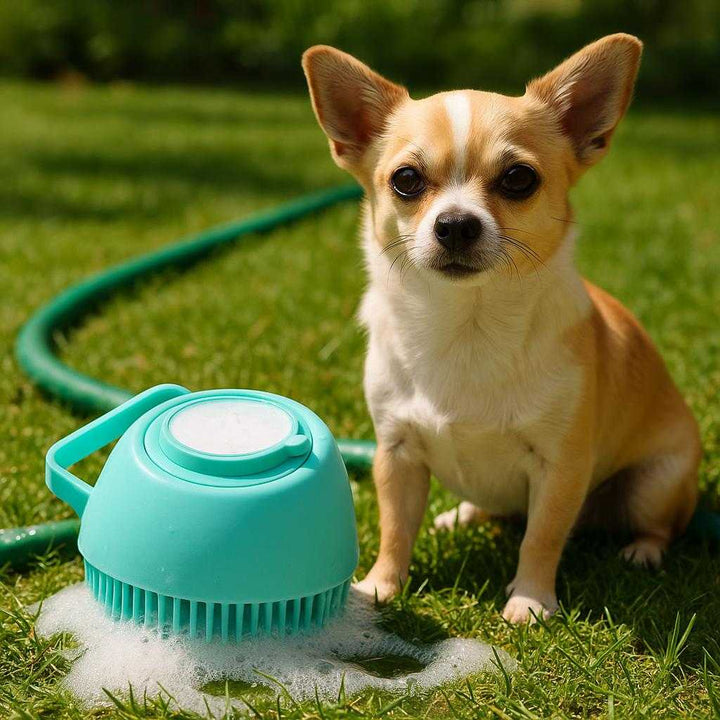 Badebørste Til Hunde - Effektiv Pleje og Rensning Med Shampoo Dispenser: A different realistic outdoor garden setting where the product is securely positioned on a grass surface, naturally placed beside a small dog.