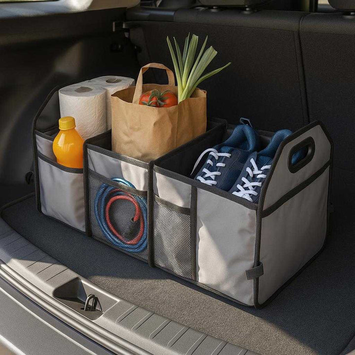Bagagerumstaske Til Bilen i Gråt Design - Optimal Opbevaring og Organisering, Professionel Kvalitet: A realistic car trunk interior where the bagagerumstaske is properly grounded on the trunk floor, being used to neatly organize various items such as groceries, sports equipment, and emergency supplies, with natural daylight streaming in and casting realistic shadows.