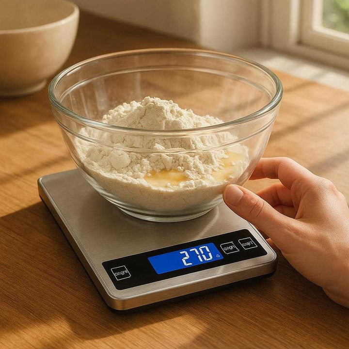 Bagevægt med præcisionsmåling og LCD-display - Moderne design i sølv og sort: A realistic kitchen setting where the product is properly grounded on a wooden countertop, being actively used by a person's hand to weigh baking ingredients in a glass bowl, with natural sunlight streaming through a window casting realistic shadows and showing clear contact points where the product touches the surface.
