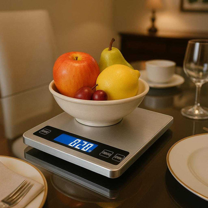 Bagevægt med præcisionsmåling og LCD-display - Moderne design i sølv og sort: A different realistic dining room setting where the product is securely positioned on a glass table, being used to measure the weight of a decorative fruit centerpiece, with proper physics, shadows, and realistic integration into the environment, surrounded by elegant table settings and soft ambient light.