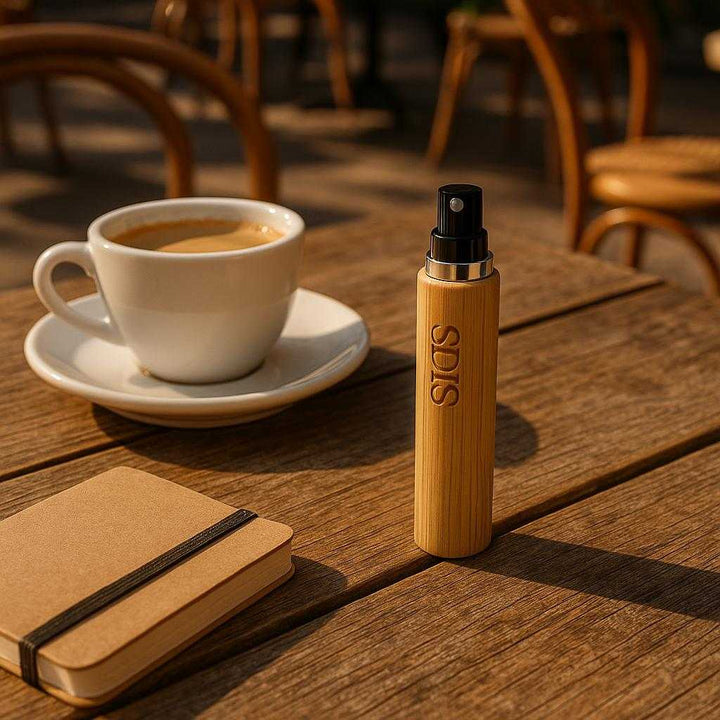 Bambus Skal Parfume Forstøver - 5ml & 8ml Direkte Genopfyldning/Opladning: A different realistic outdoor café scene where the Bambus Skal Parfume Forstøver is securely positioned on a rustic wooden table next to a cup of coffee and a small notebook.