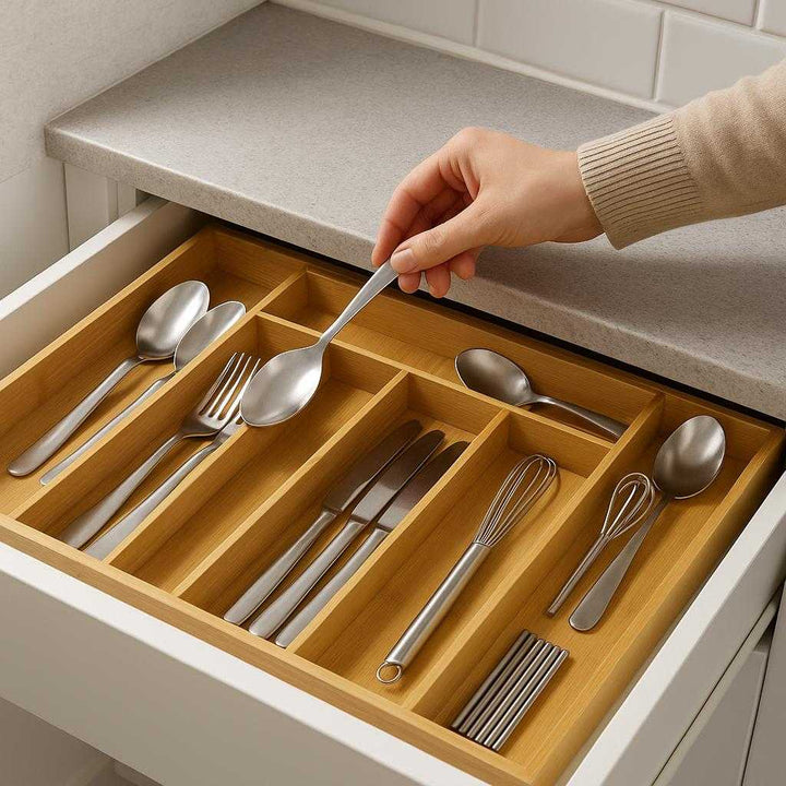 Bambus Skuffeorganisator: Justerbar og Udtrækkelig Indsats til Bestik og Småting: A realistic kitchen setting where the Bambus Skuffeorganisator is properly grounded inside a kitchen drawer, being actively used by a person organizing cutlery.