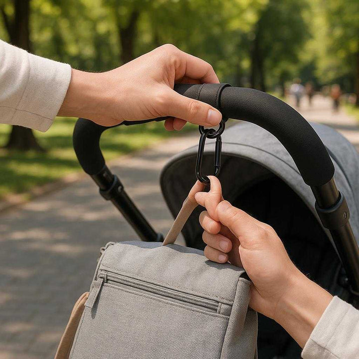 Barnevogn Krog - Praktisk og Holdbar Løsning til Forældre, Høj Kvalitet Babyudstyr: A realistic park setting where the product is properly grounded on a stroller handlebar, being used by a parent's hand to securely hang a diaper bag.