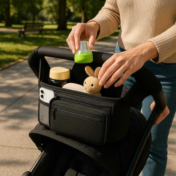 Barnevogns Manager i Stof, Net og Plastik - Sort, Lyserød, Lyseblå, Lys Grå - God Kvalitet: A realistic park setting where the product is properly grounded on a stroller handlebar, being actively used by a parent who is placing a baby bottle into the pouch while pushing the stroller, with natural sunlight casting realistic shadows on the pavement and showing clear contact points where the product touches the stroller.