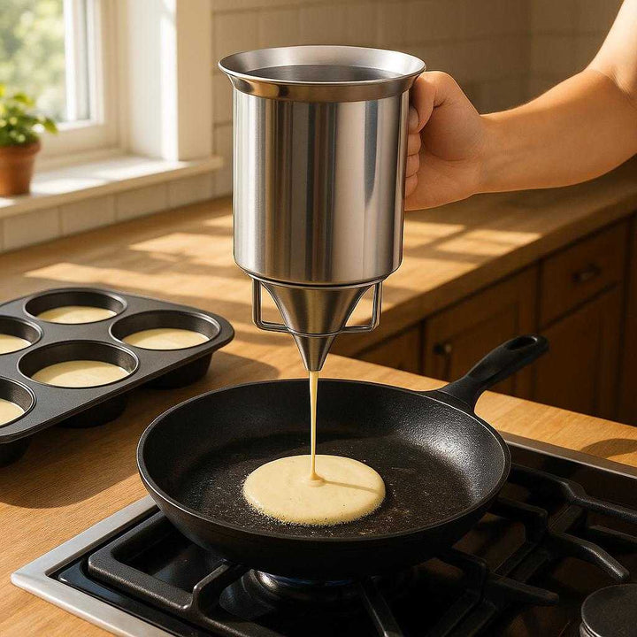 Batterseparator i Rustfrit Stål, Plastik og metalramme - Præcis Dosering og Minimalt Spild - Dejdispenser: A realistic kitchen setting where the batter separator is properly grounded on a wooden countertop, being actively used by a person who is pouring pancake batter precisely into a hot, sizzling pan on the stove.