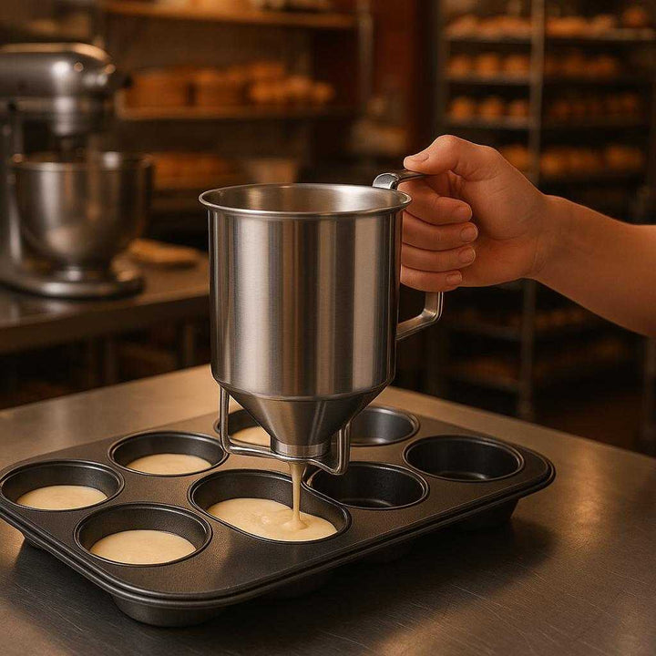 Batterseparator i Rustfrit Stål, Plastik og metalramme - Præcis Dosering og Minimalt Spild - Dejdispenser: A different realistic bakery environment where the batter separator is securely positioned on a stainless steel prep table, being used to fill cupcake molds with minimal spillage.