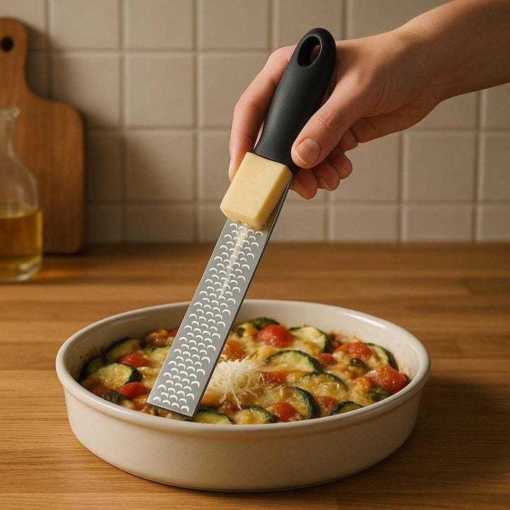 Beholder med Rivejern til Ost - Multifunktionelt Køkkenredskab i Sort og Sølv: A realistic kitchen setting where the Beholder med Rivejern til Ost is properly grounded on a wooden kitchen table, being actively used by a person's hand to grate a block of cheese over a freshly prepared dish, with natural lighting casting realistic shadows and showing clear contact points where the product touches the table.