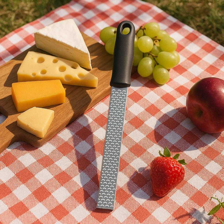 Beholder med Rivejern til Ost - Multifunktionelt Køkkenredskab i Sort og Sølv: A different realistic picnic setting where the product is securely positioned on a checkered picnic blanket, being naturally placed next to a variety of cheeses and fruits, with proper physics, shadows, and realistic integration into the outdoor environment, suggesting its multifunctional use beyond the kitchen.