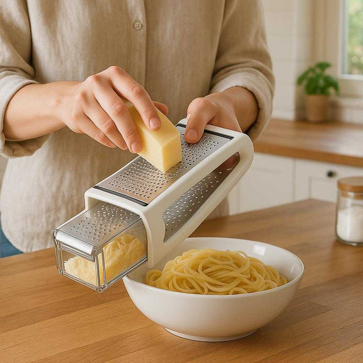 Beholder til Ost og Citrus - Moderne Design, Rustfrit Stål, Hvid: A realistic kitchen setting where the product is properly grounded on a wooden countertop, being actively used by a person grating cheese over a bowl of pasta, with natural lighting casting realistic shadows and showing clear contact points where the product touches the counter.